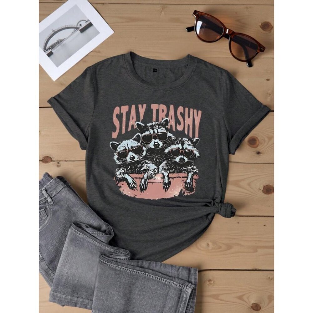 INAWLY Women's Fitted Graphic T-Shirt With English Slogan And Cute Raccoon Print